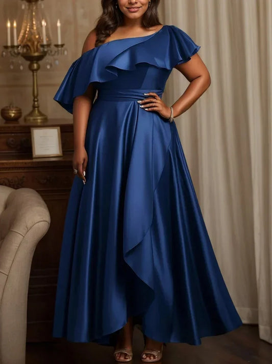 Plus Size Elegant Evening Dress Satin Ruffle One Shoulder Party Cocktail Maxi Dress