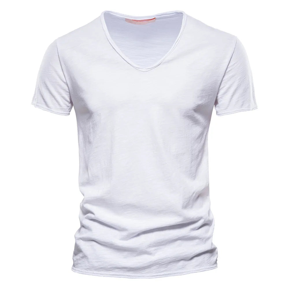 S-5XL 100% Cotton Men's T-Shirts Fashion Design V-neck Casual Slim Fit