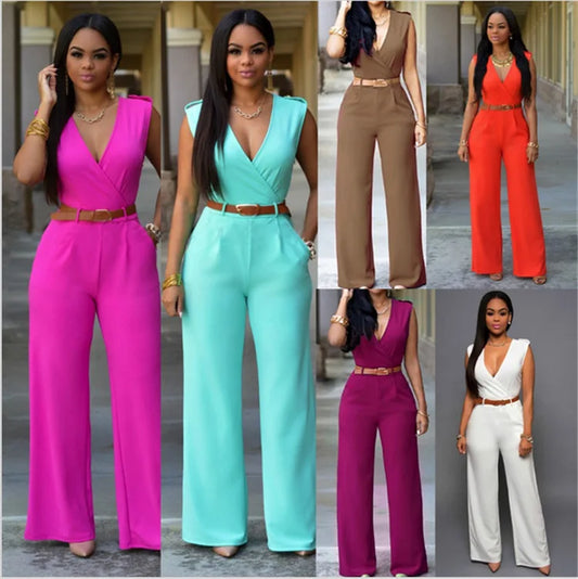 Sexy Romper Jumpsuit Tall Waist V-Neck Wide-legged With Belt