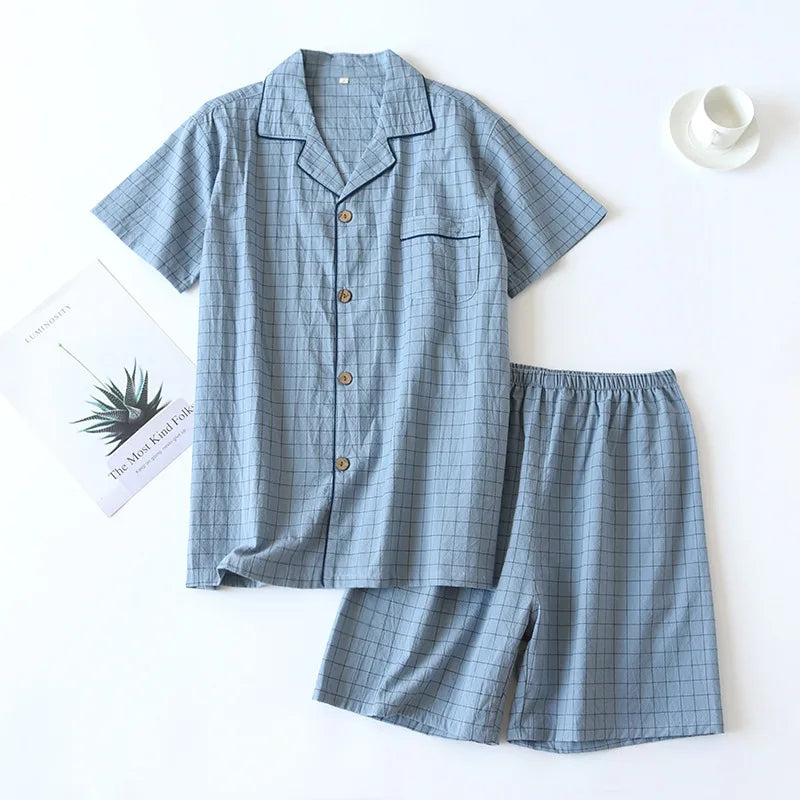 Men's Pajamas Summer Thin Short-sleeved Shorts Cotton Plaid
