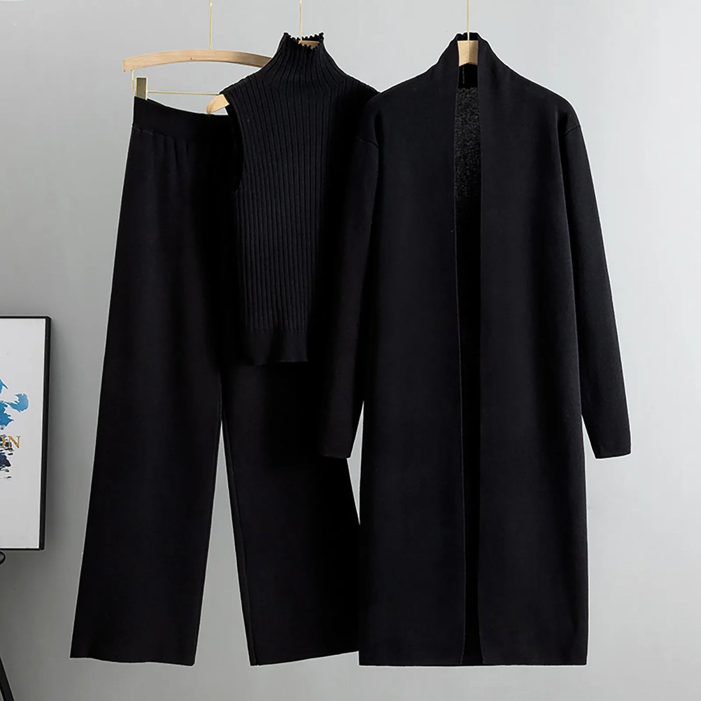 3 Piece Outfits Sweater Pullover Top & Knitted Long Cardigan & Wide Leg Pants Suits