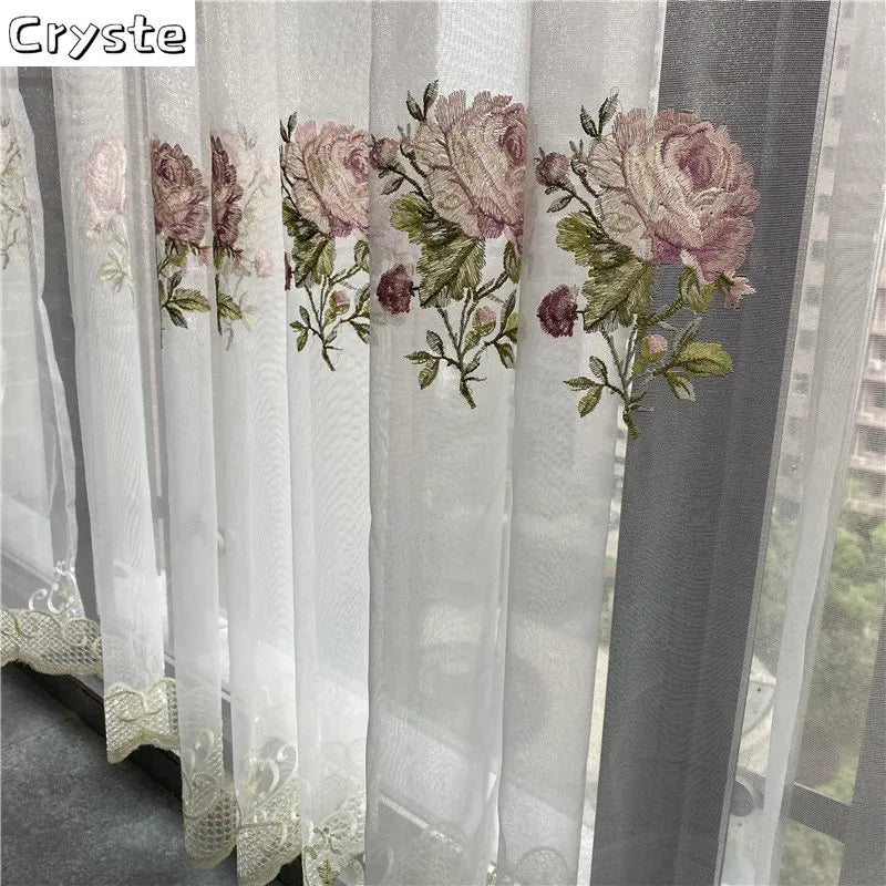 Luxury Peony Embroidery Tulle Curtain