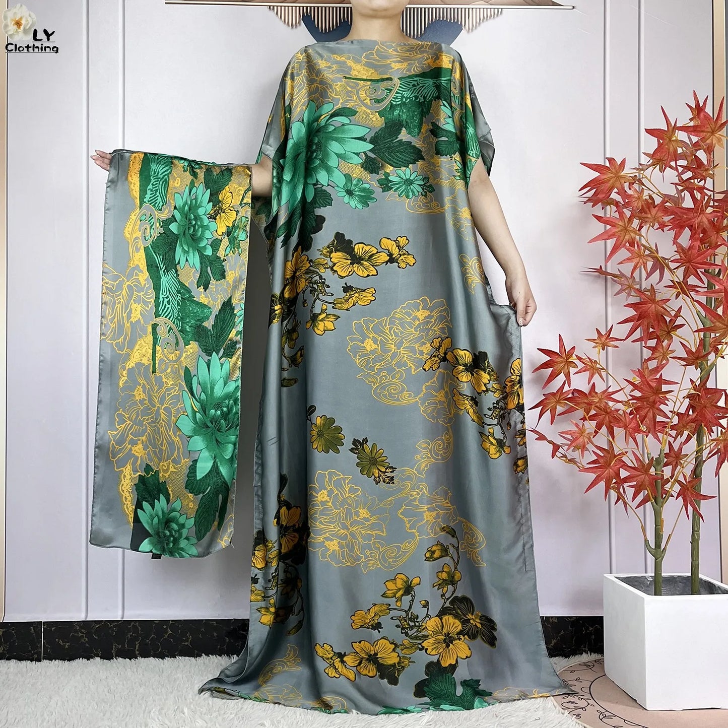 Women Printed Silk Soft Loose Maxi Party Dresses With Belt Turban