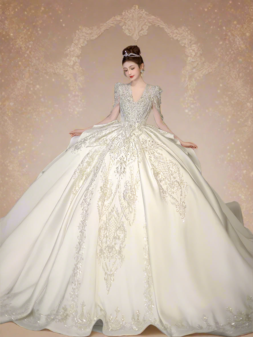 Luxury Classic Full sleeve Satin Wedding Dresses with Royal Train Customized