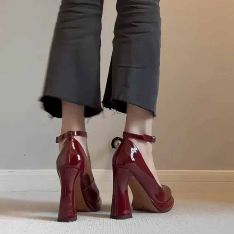 Women's Fashion Square Toe Shallow Mouth One-buckle Platform Block Heel Red Single Shoes High-heeled Mary Jane Shoes