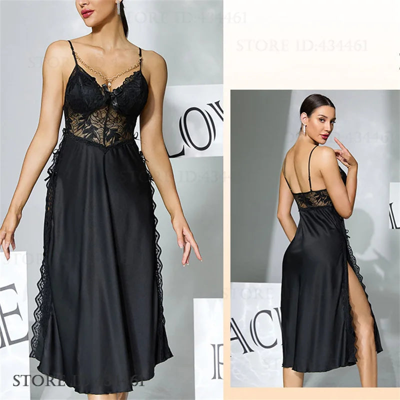 Women Sexy Lingerie Long Nightgown Ice Silk Chemise Sleepwear