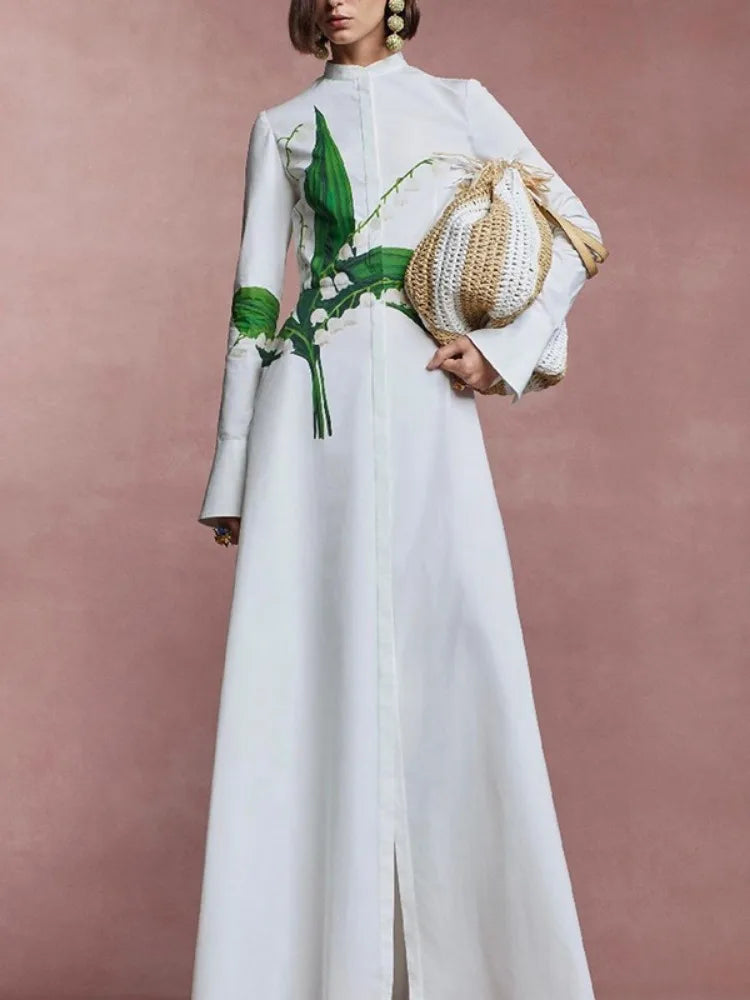 Women's Summer Spring Floor Length A-line Dress Round Neck Long Sleeve Buttoned Floral Printed