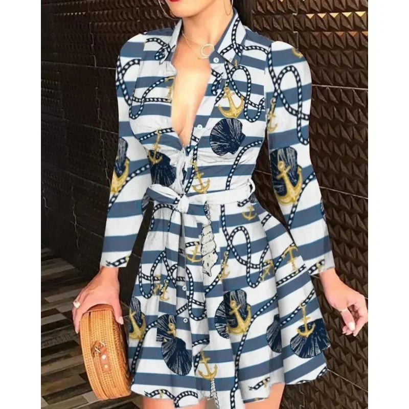 Elegant Casual Long Sleeved Dress With Buttons and Lapels