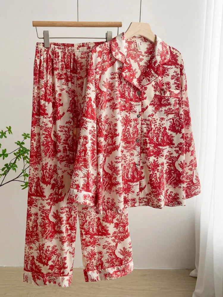 Red Sexy Pajamas Set Lapel Shirt & Pants for Lady Summer Spring 2Pcs Nightwear