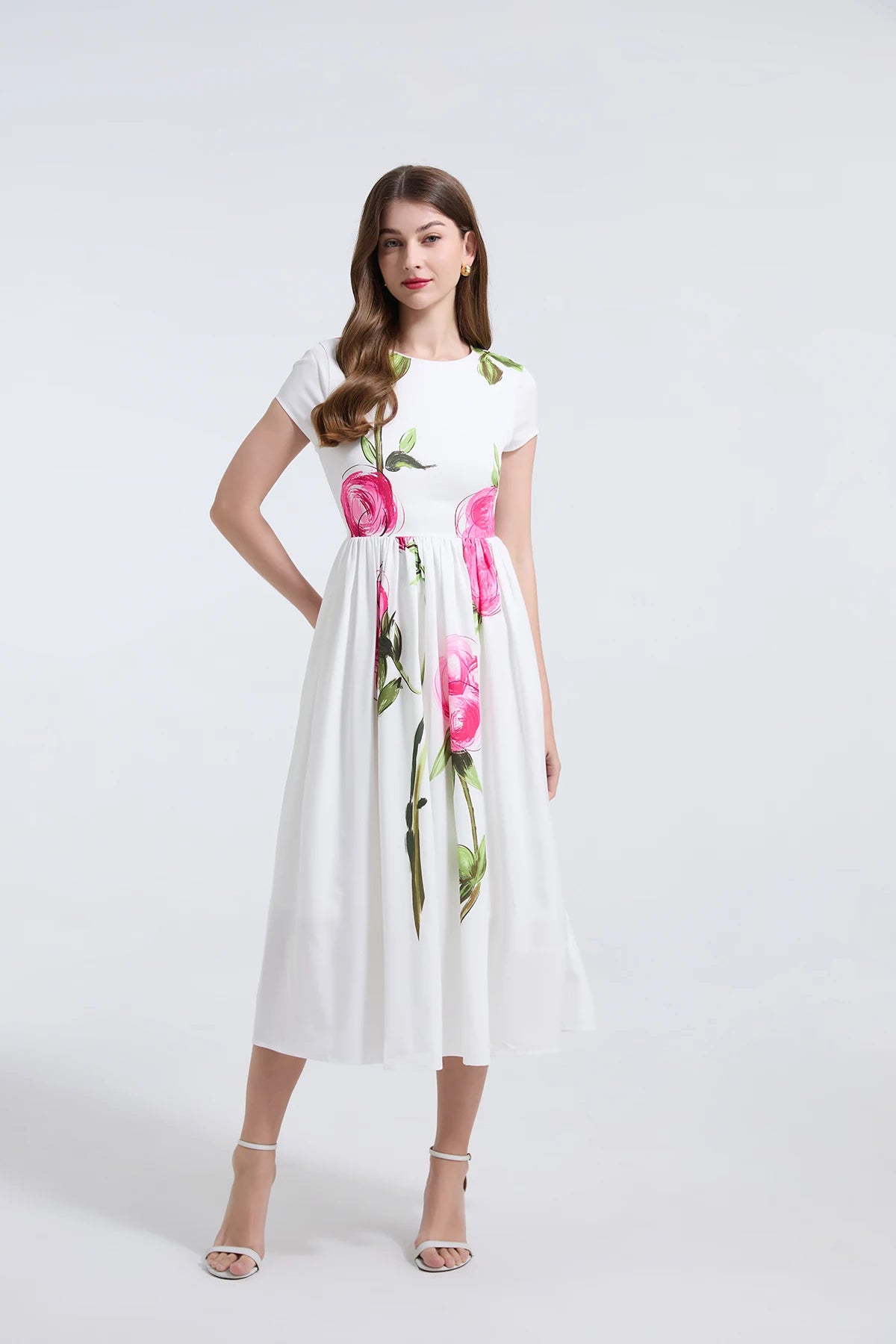 Summer French Women's Retro Pink Flower Waist Cinching Slimming Big Swing Dress Elegant Anti-aging Short Sleeved Skirt