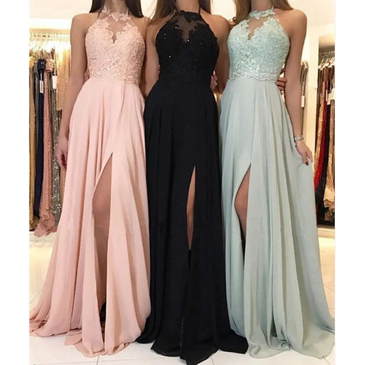Sexy Halter Lace Floral Sleeveless High Waist Evening Long Dresses Gown