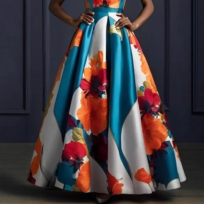Sexy Sleeveless Floral Hem Long Gown High Waist O Neck Maxi Dress