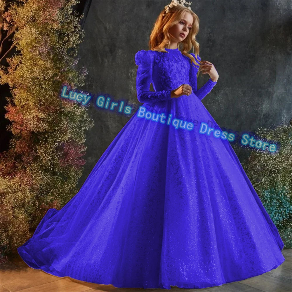Luxury Sequins Flower Girl Dress For Wedding Party Baptism Birthday Gowns Tulle High Neck