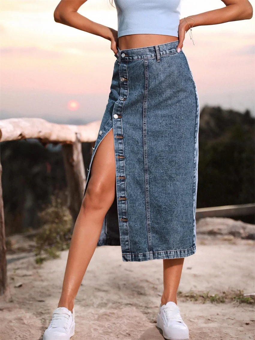 Women Denim Jean Maxi Skirt Side Split
