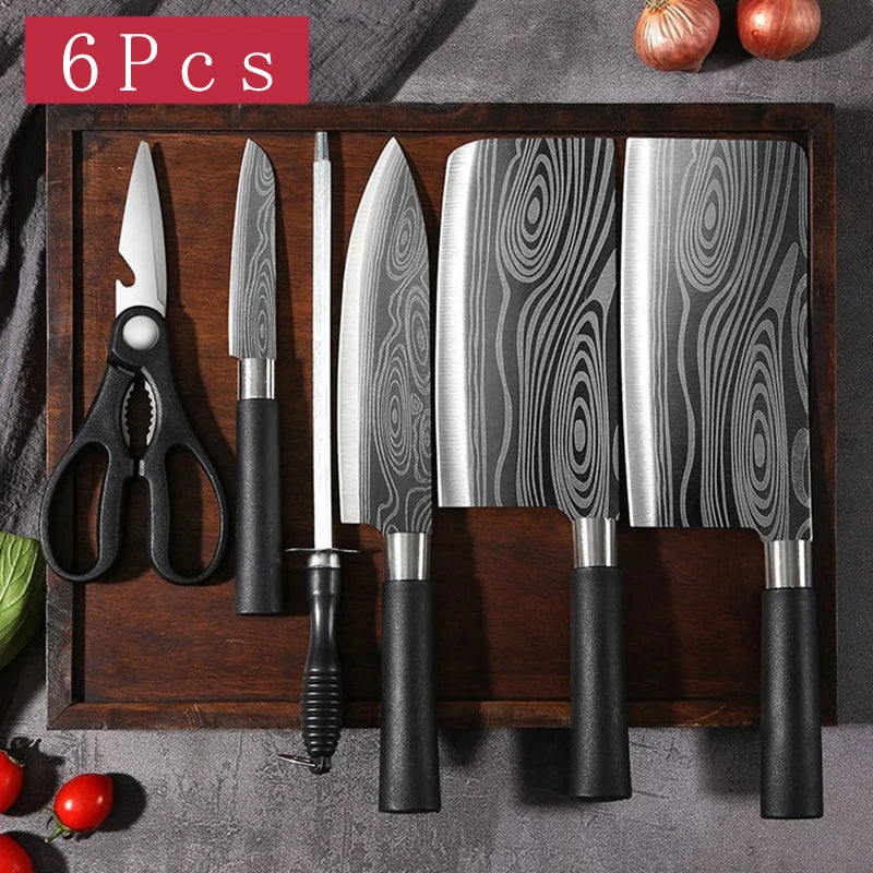 Damascus Kitchen Utility Set Knives Scissors Sharpening Rod Slicing Chef knife Stainless Steel