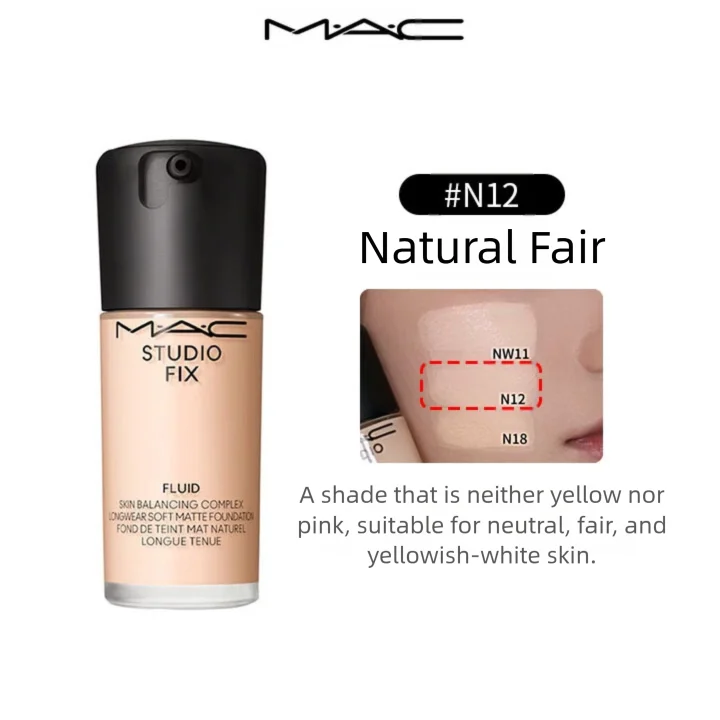 MAC Studio Fix Fluid 30ml - 24HR Matte Finish, Oil Control, Full Coverage Make Up Foundation (Shades: N12/NC12/NC15/N18)