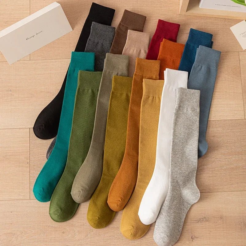 Women's Soft Cotton Knee High Long Socks Black White Solid Calf