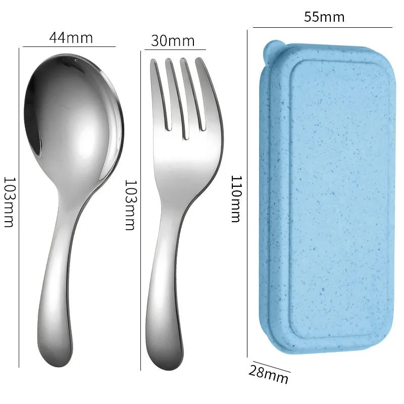 Mini Portable Stainless Steel Spoon Fork Set Storage Dessert Fruit Tool for Work School Short Handle Tableware Suitable for Kids