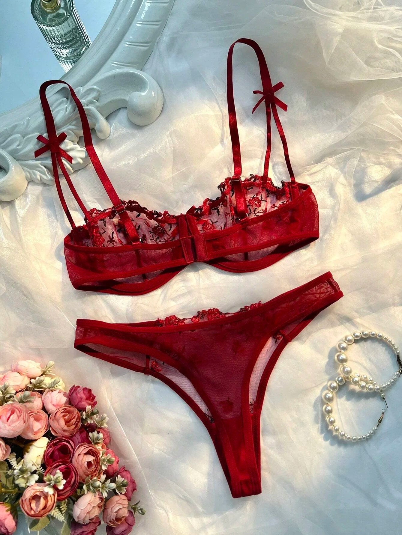 Beautiful Women Sexy 2 Piece Floral Embroidery Underwear Sets