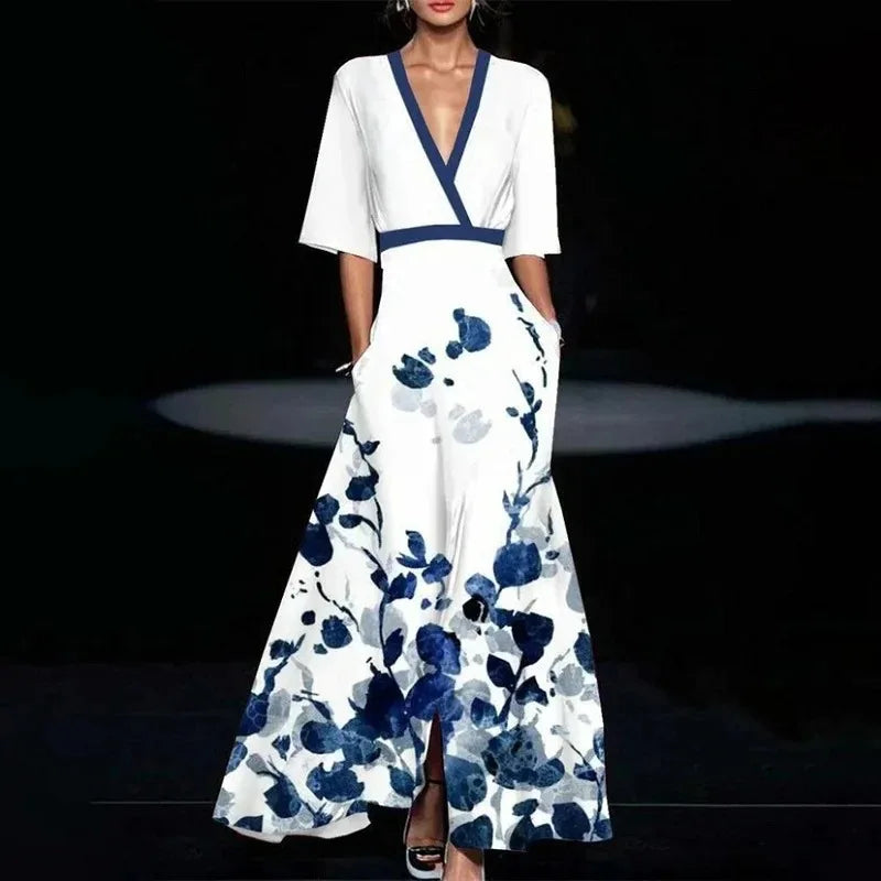 Elegant Women V Neck Belted Party Long Dress Sexy Printing A-Line