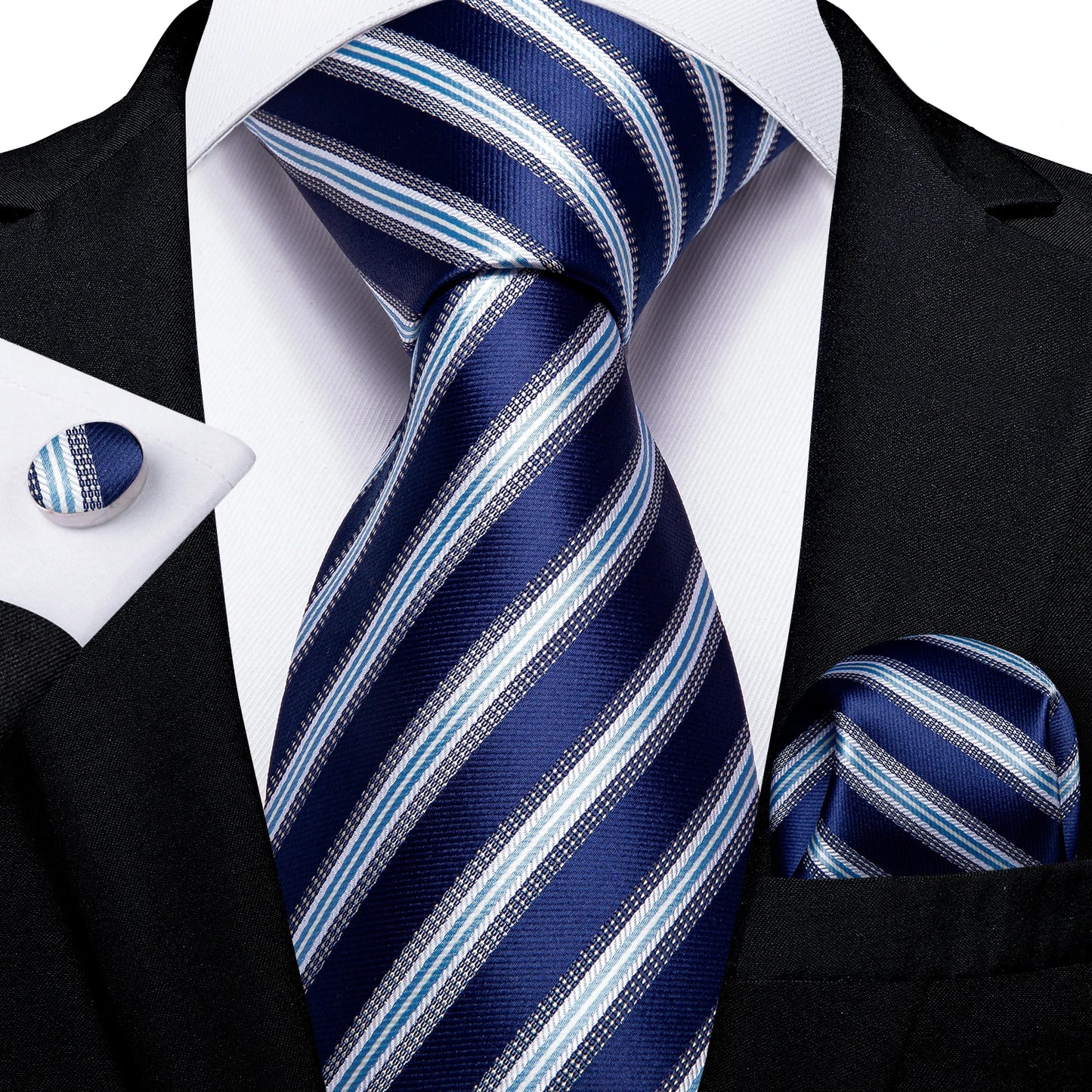 New Classic 100% Silk Men's Ties 8cm Blue Plaid Dot Striped Business Necktie Handkerchief Wedding Party Tie Set