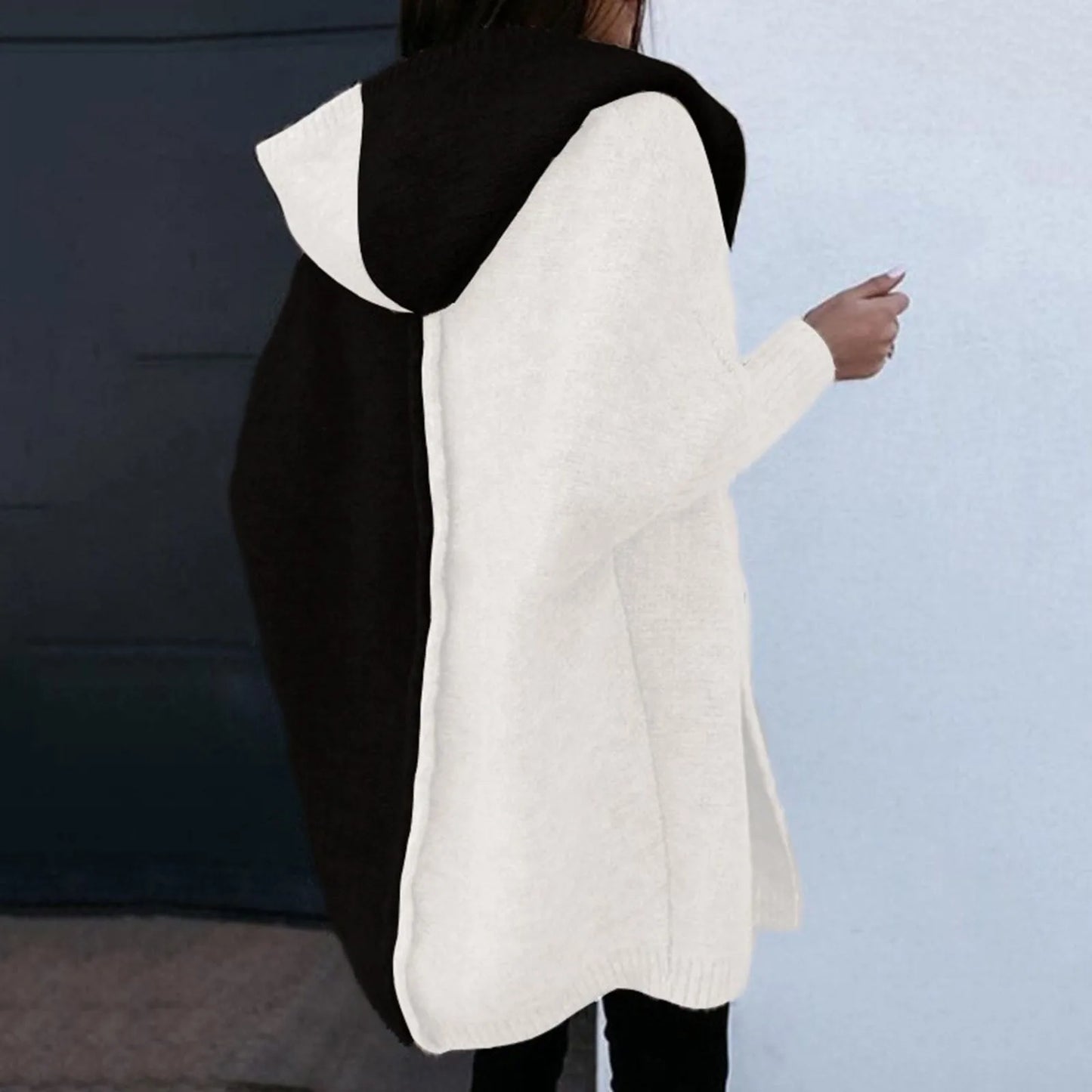 Women's Loose Hooded Sweater Coat Front Open Long Sleeve Patchwork Color Block