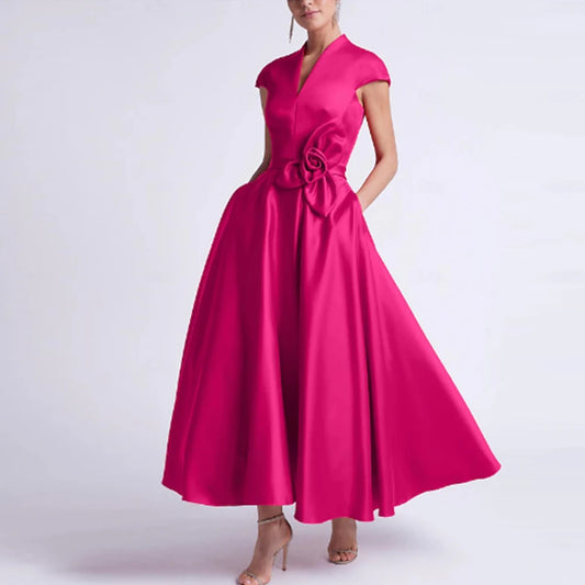 Elegant Women's Cocktail Party Satin Flower Handmade Gowns A-line