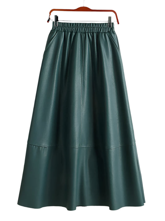 Elegant Faux PU-Leather Midi Skirts High Waist