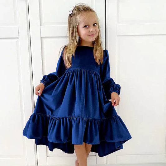 Girl Velvet Long Sleeve Ruffle Hem Dress