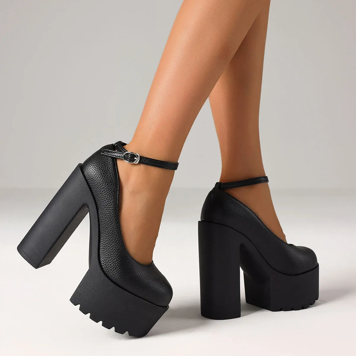 Women Elegant Chunky High Heel Pumps Round Toe Ankle Strap Comfy Platform Shoes