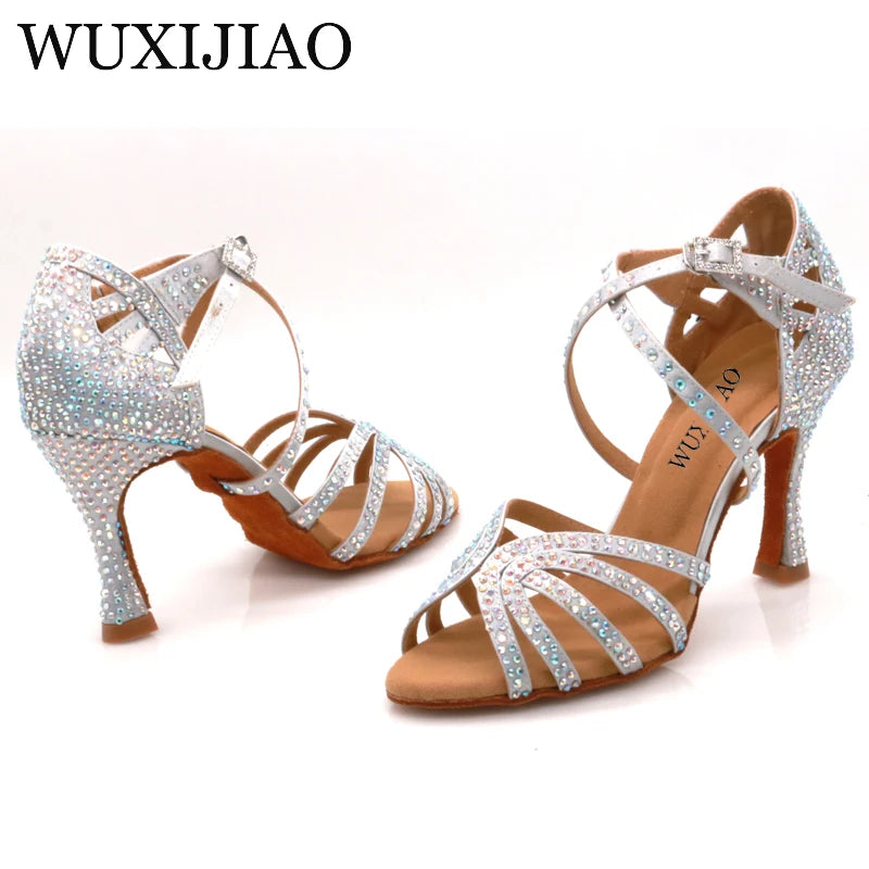 Ballroom Diamond Latin Dance Soft Sole Shoes Silver Bronze Skin color