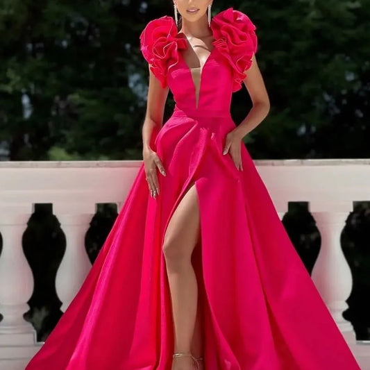 Customized Elegant 3D Flowers A-Line V-Neck Cap Sleeve Satin Evening Dresses Sweep Train Sleeveless
