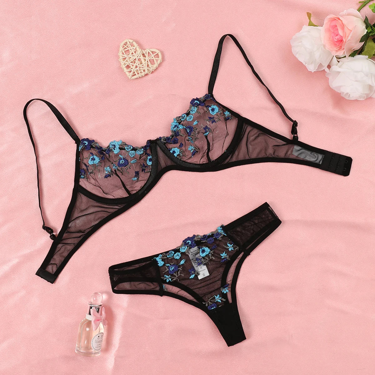 Beautiful Women Sexy 2 Piece Floral Embroidery Underwear Sets