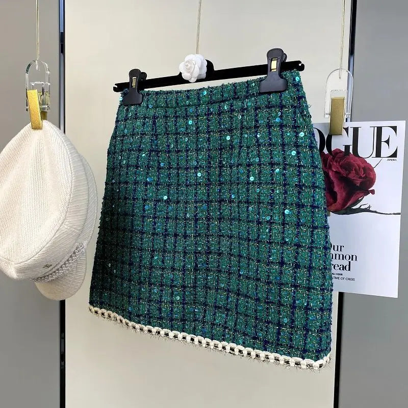 Women Elegant Winter Tweed Fragrant Suit Jacket Coat Top & Skirt Two Piece Set