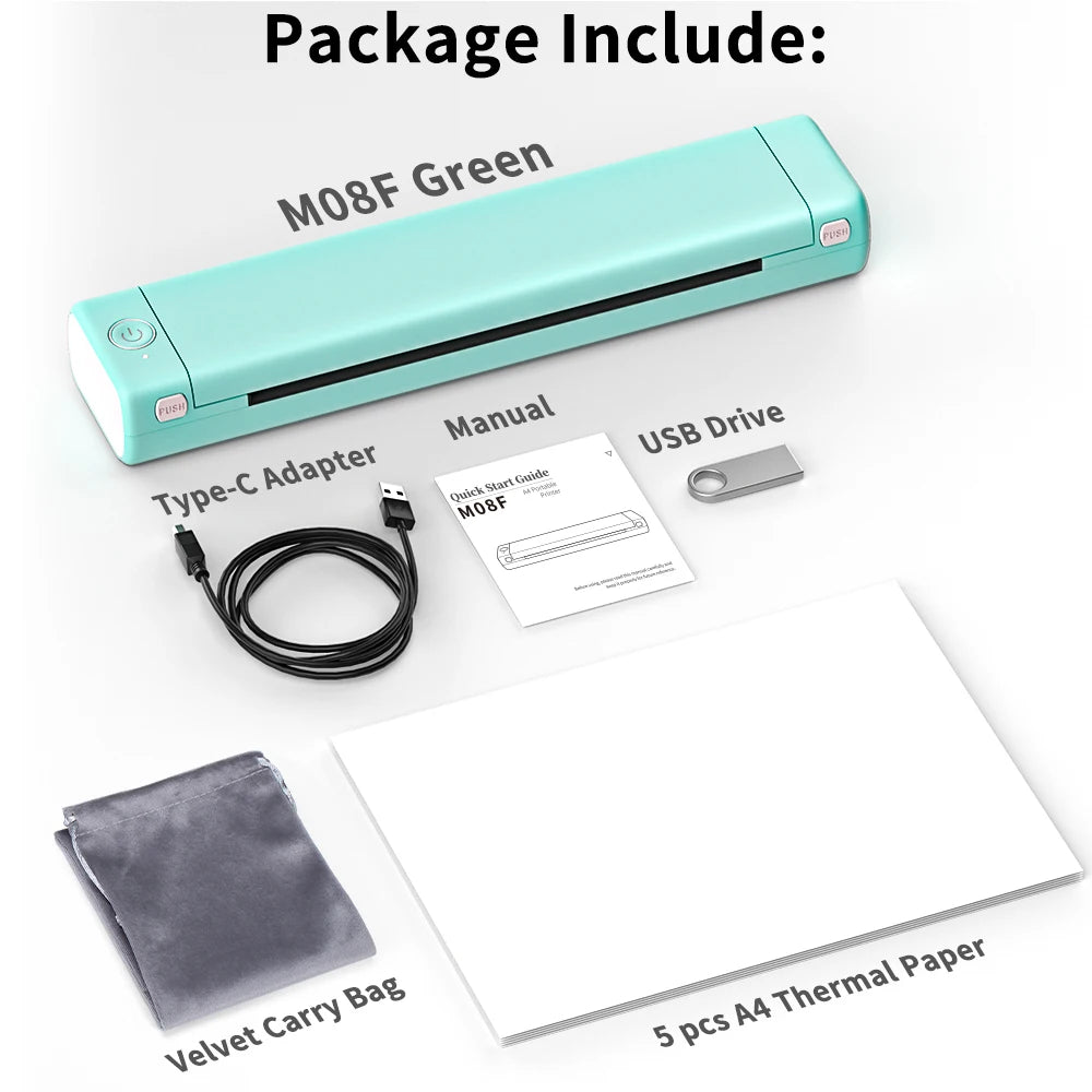 M08F Portable Phone Travel Home Wireless Thermal Printer Bluetooth Use A4 Mobile Printer for Laptops Inkless