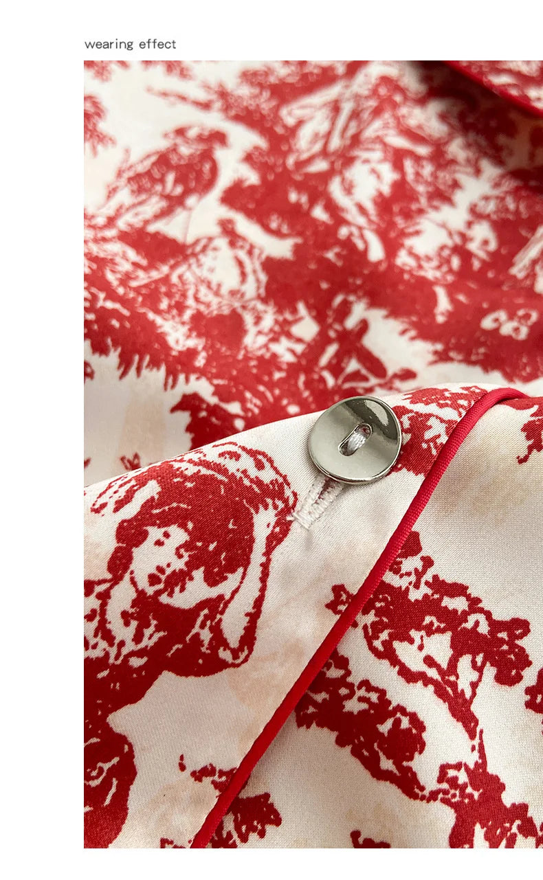 Red Sexy Pajamas Set Lapel Shirt & Pants for Lady Summer Spring 2Pcs Nightwear