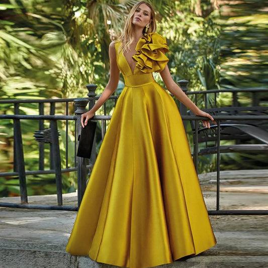 Formal Golden Satin Ruched Ruffles Gown Dress A-line V-neck Special Occasion