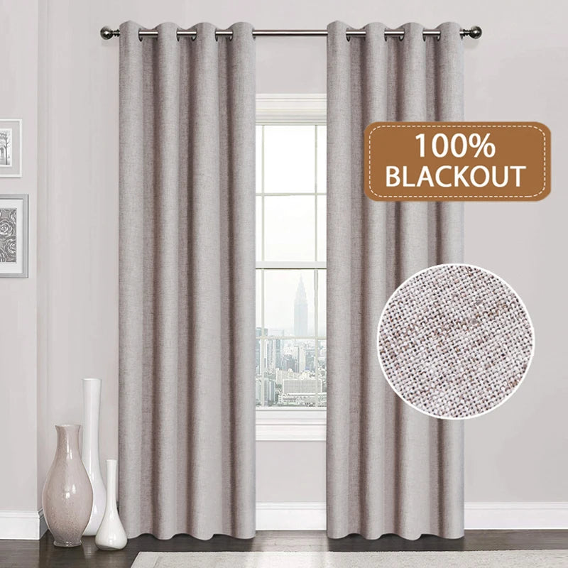 Linen 100% Blackout Curtains Water Proof Curtains for Living Room