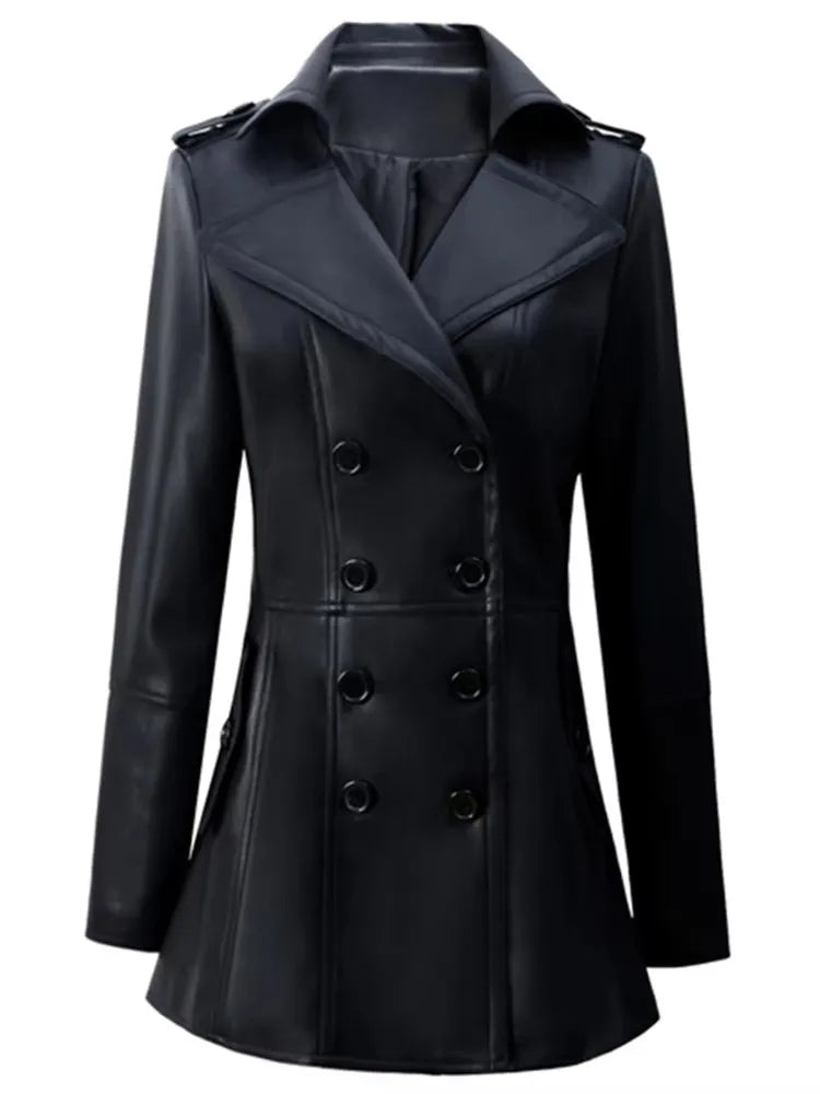 Women Elegant Luxury Fitted Soft Faux Leather Blazer Jacket Double Breasted