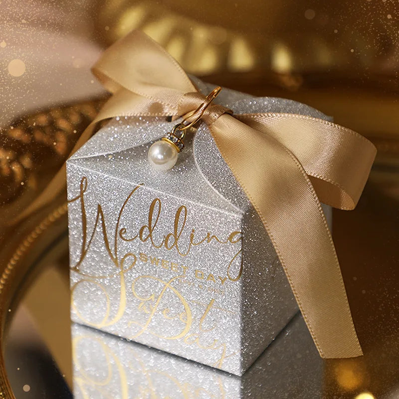 New Wedding Candy Box With Pearl Ribbon Bow High-End Gift Chocolate Box High Quality Glitter Powder Shell Gift Box