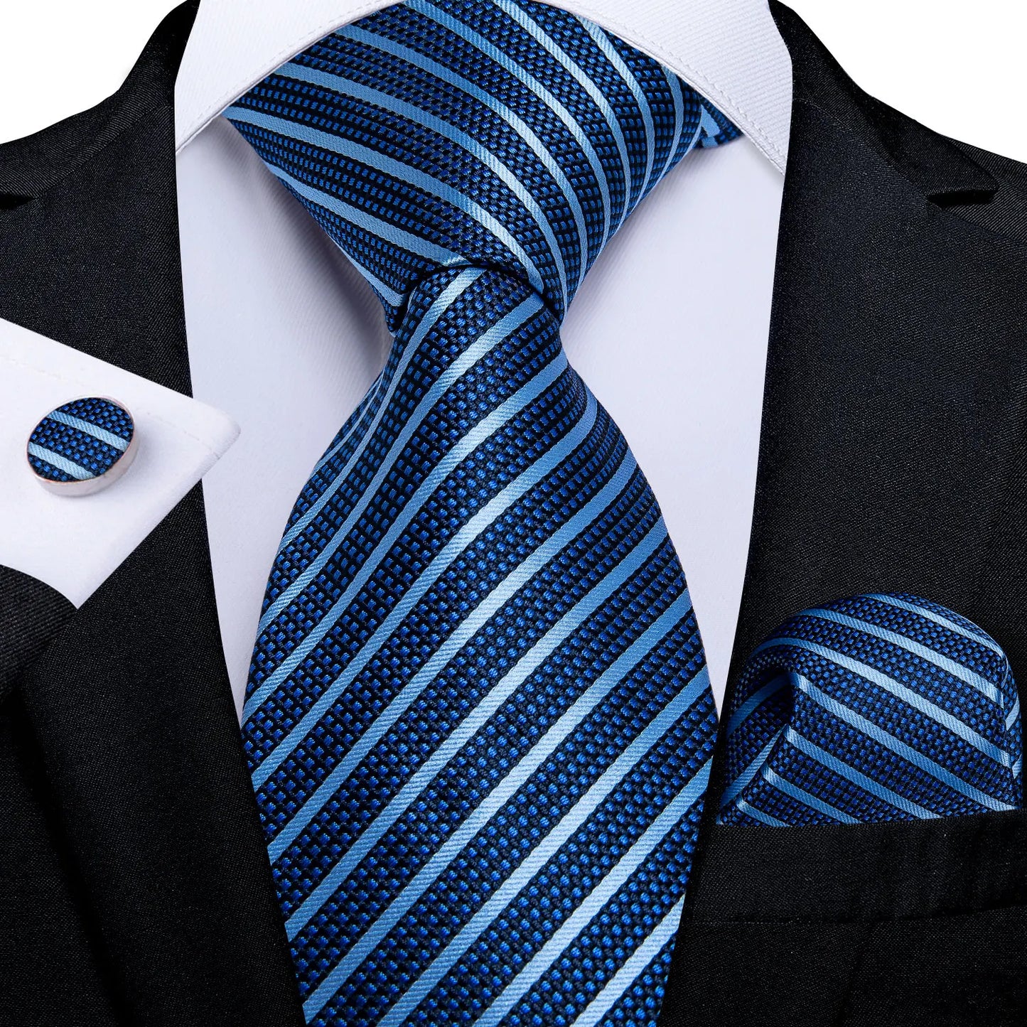 New Classic 100% Silk Men's Ties 8cm Blue Plaid Dot Striped Business Necktie Handkerchief Wedding Party Tie Set