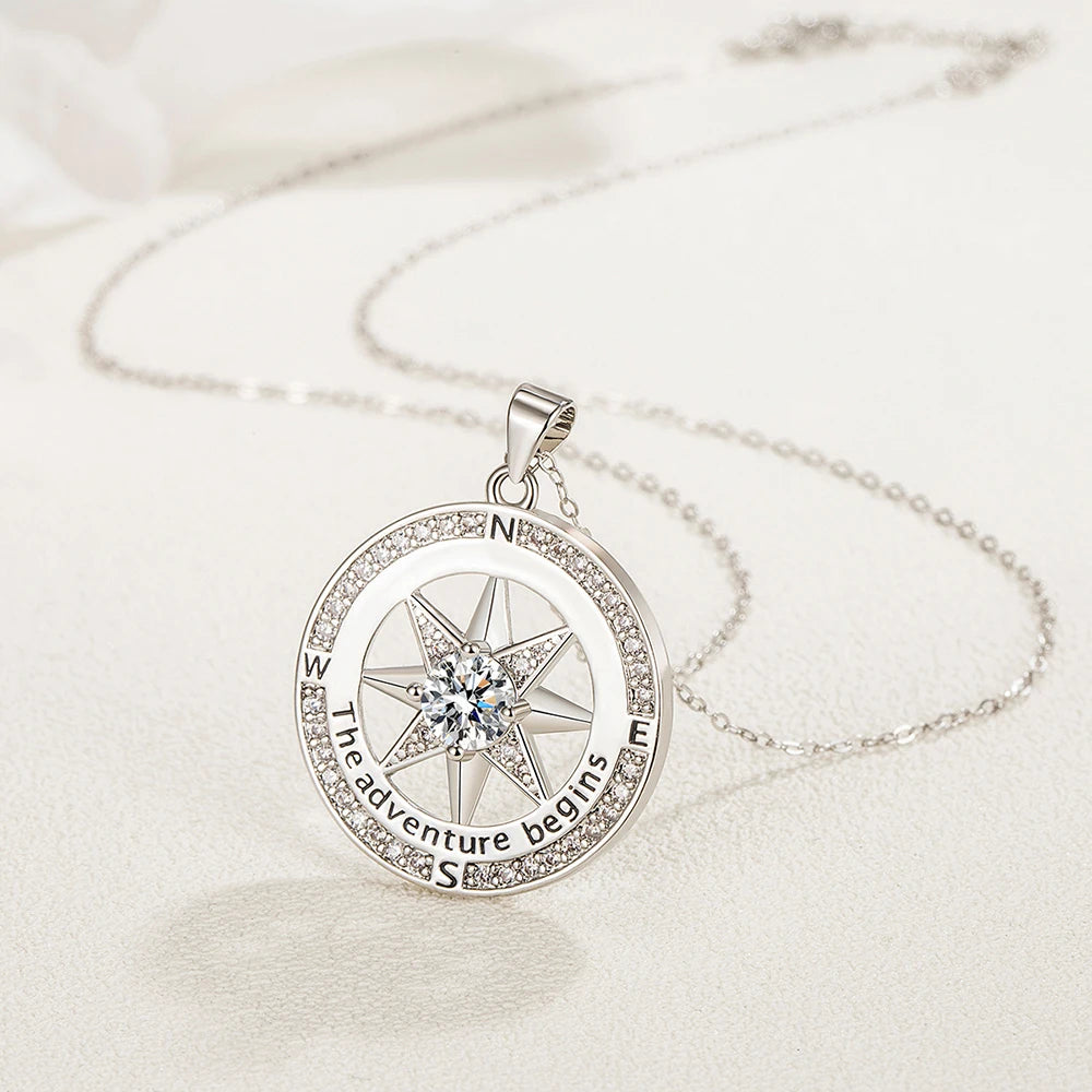 925 Sterling Silver Necklace Compass Necklace with Cubic Zirconia Stone for Women High Quality Jewelry