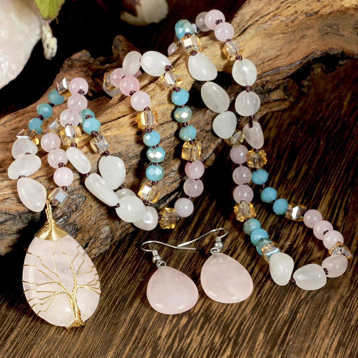 Bohemian-Style Twisted Wire Tree of Life Rose Quartz Necklace Pendant & Earrings