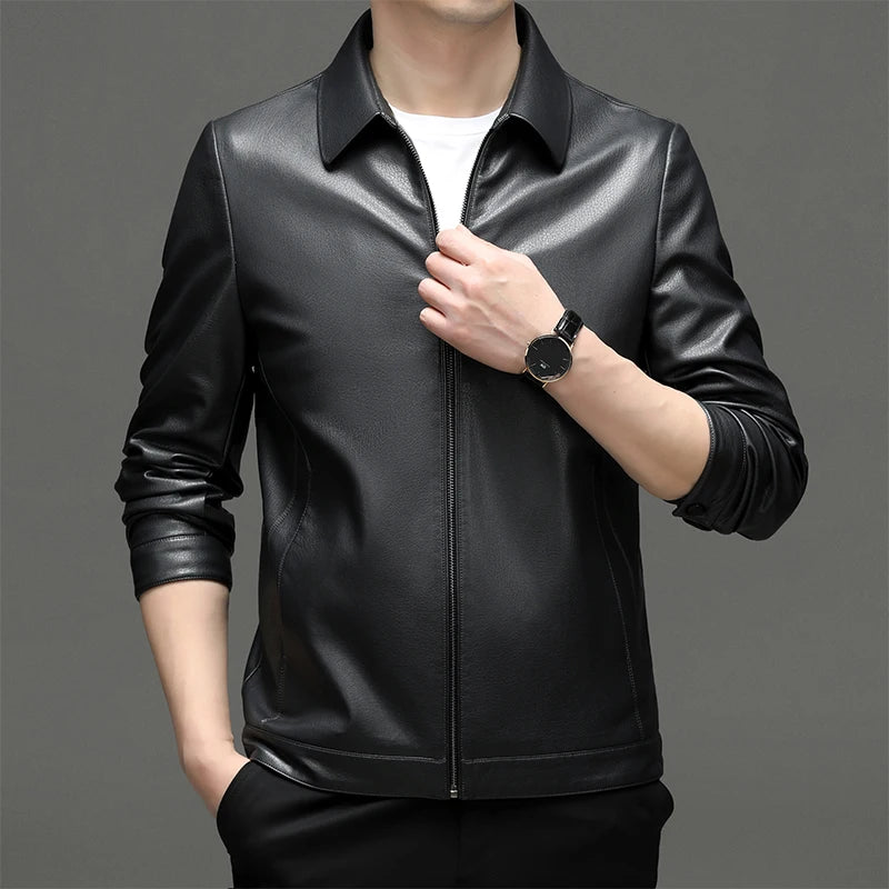 Men's Genuine Leather Polo Mock Neck Jacket Slim Sheepskin Coat Spring and Autumn