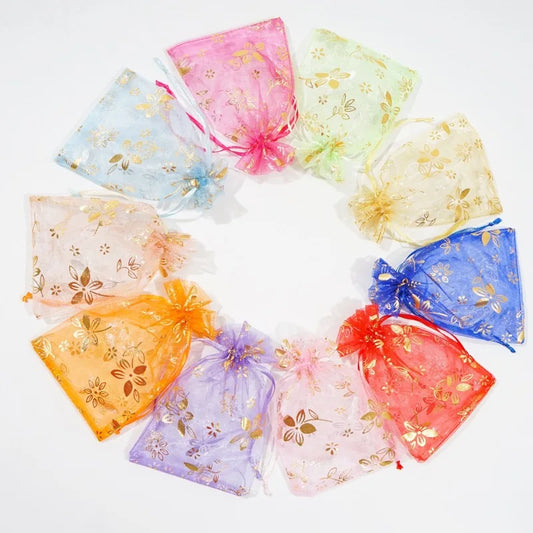 25/50/100pcs Bauhinia Organza Gift Bag 7x9 9x12 10x15cm Flower Foil Stamping Flower Print Wedding Party Jewelry Packing Pouches