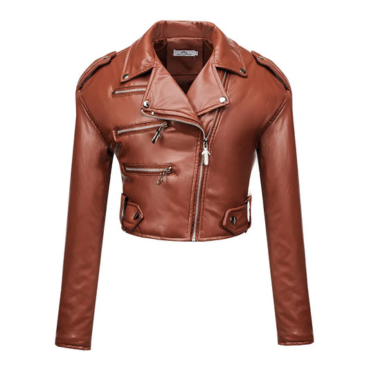Women slim short PU leather jacket plus cotton high waist long sleeve lapel