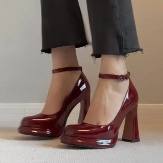 Women's Fashion Square Toe Shallow Mouth One-buckle Platform Block Heel Red Single Shoes High-heeled Mary Jane Shoes