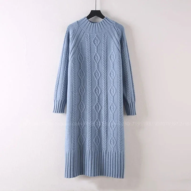 Women Winter Thicken Plus Velvet Sweater Dress Mock Neck Rib Knit Midi With Coats