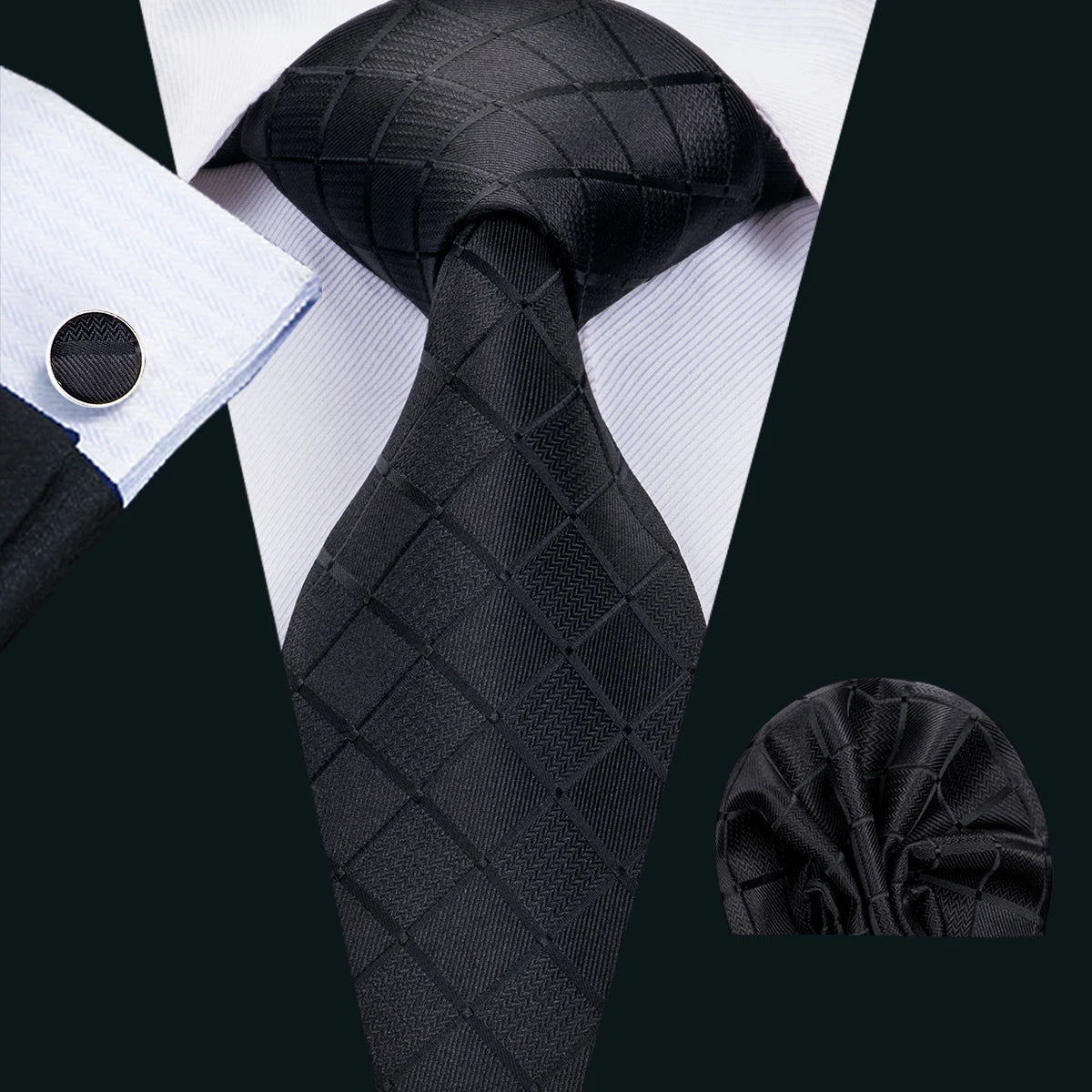 Business Black Silk Ties For Men Classic Solid High Quality Woven Pocket Square Cufflinks Sets Party Formal Designer Barry Wang
