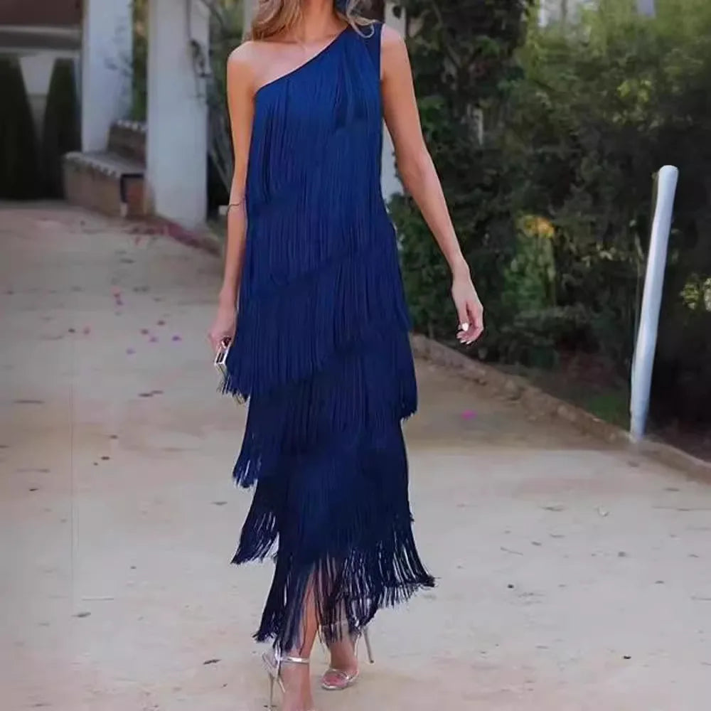 Spring and Summer Women's Fashion Fringed One Shoulder Asymmetrical Dress
